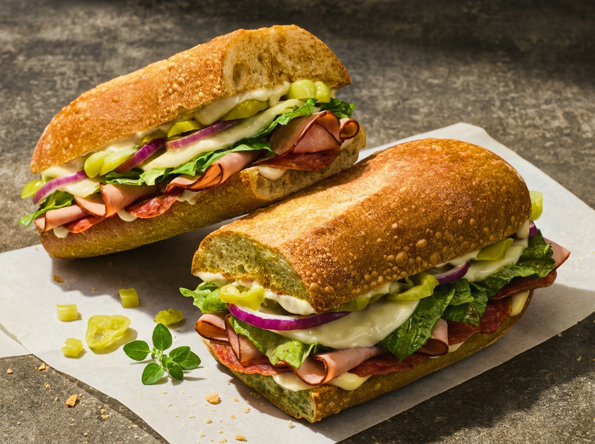 Italian sandwich with salami, ham, pickles and fresh lettuce from Panera Bread